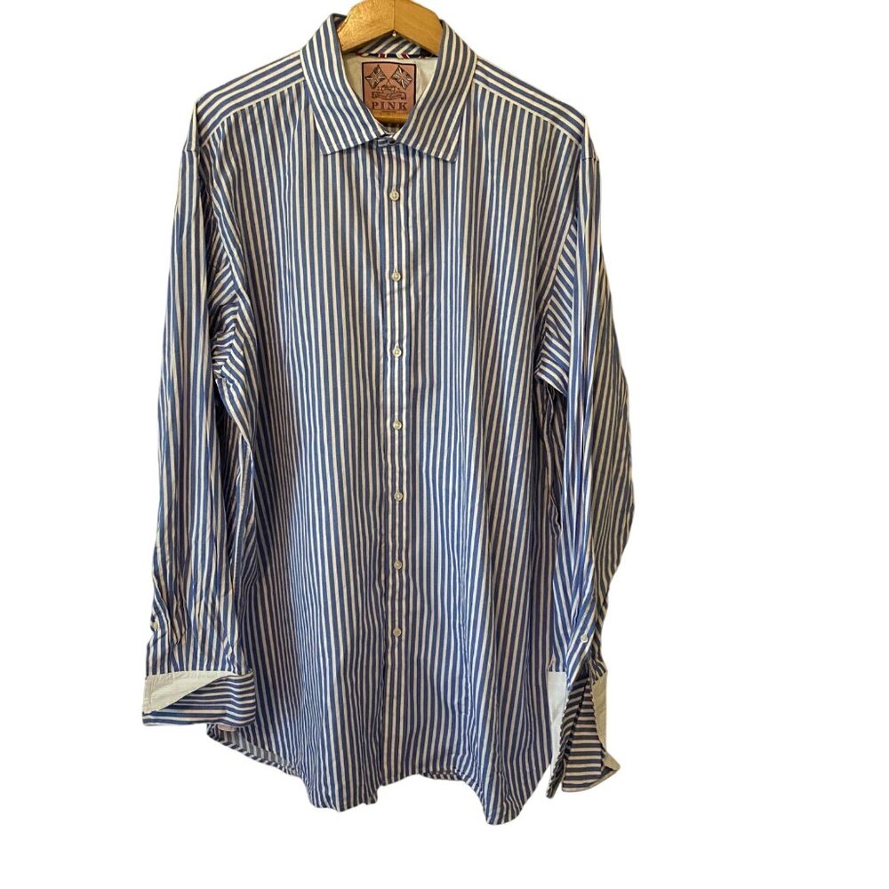 Men’s Thomas Pink Special Edition Blue Striped Button Down Shirt Size 18.5